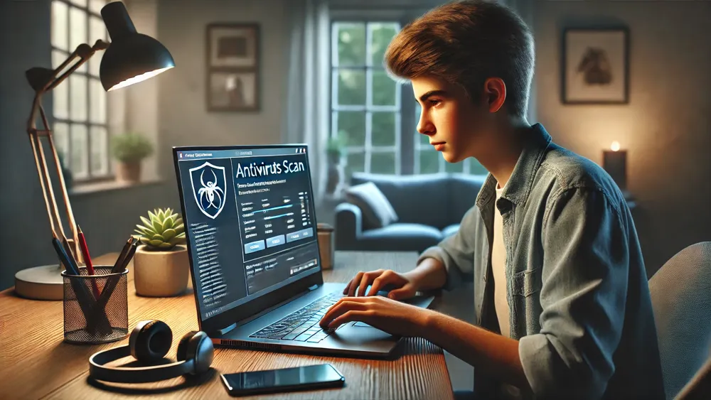Un adolescente pasandole el antivirus a su portatil