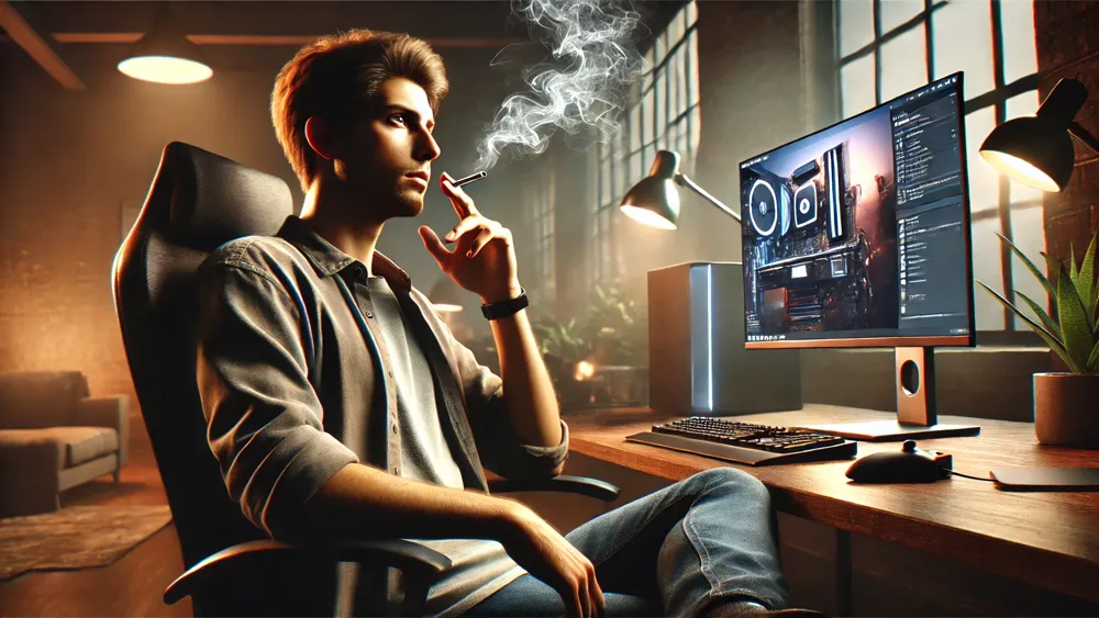 Un hombre joven fumando enfrente de su ordenador