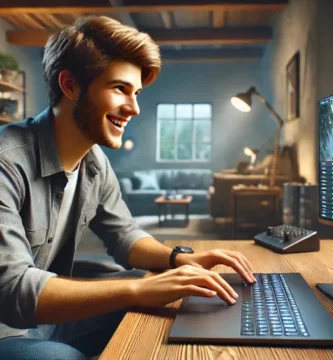 Un hombre joven jugando con su ordenador portatil