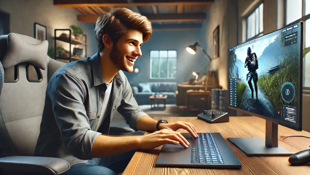 Un hombre joven jugando con su ordenador portatil