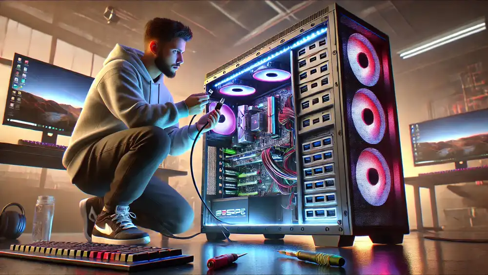 Un informático comprobando los puertos USB de un ordenador gaming