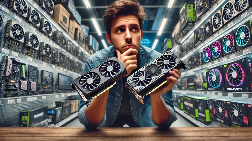 Un joven en una tienda de informatica indeciso entre dos tarjetas gráficas