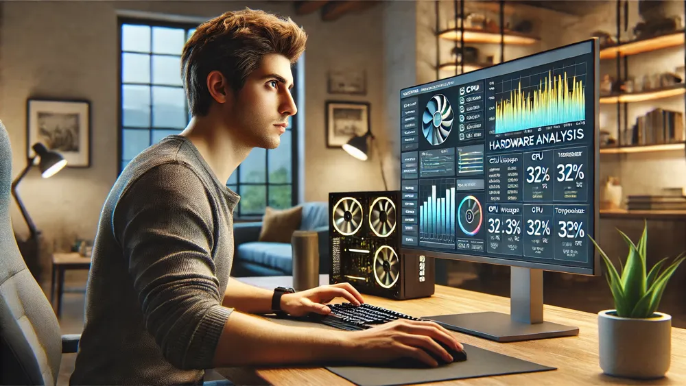 Un joven mirando en la pantalla de su ordenador una herramienta de analisis de hardware