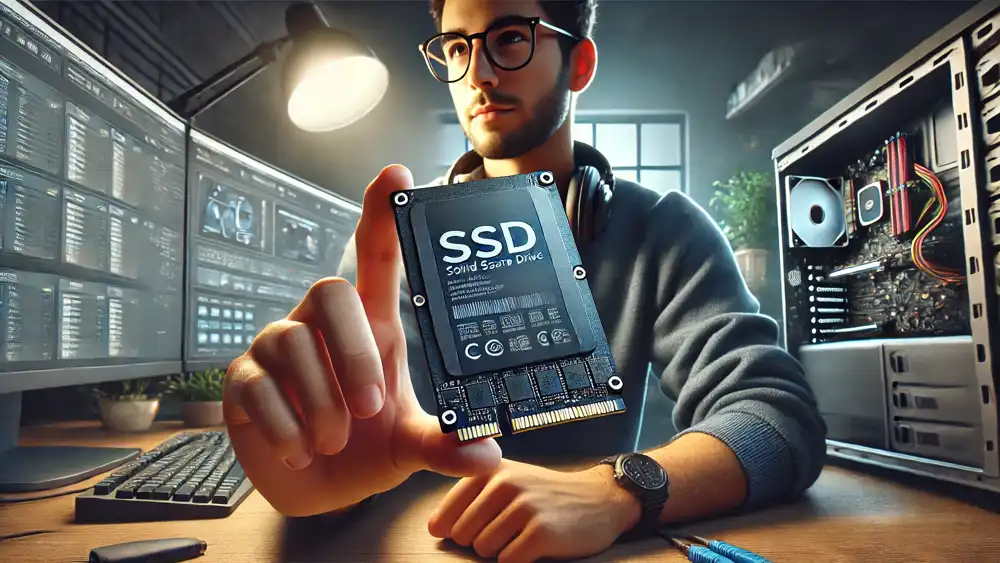 un informatico mostrando un SSD