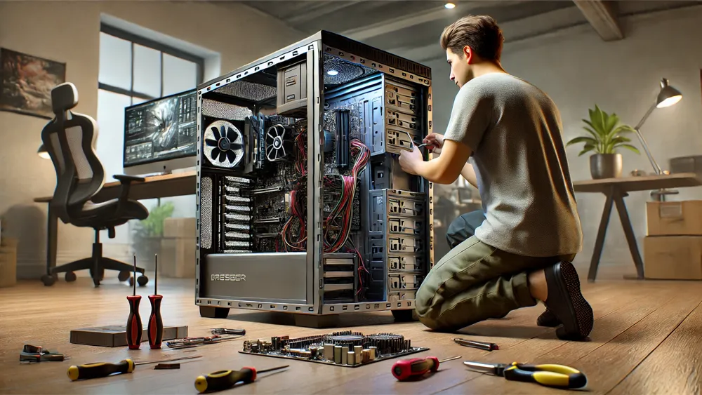 Un informatico arreglando algo dentro de la torre de un ordenador de sobremesa